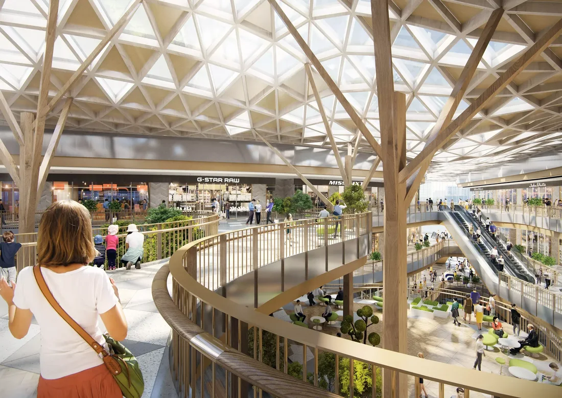Visualization of the Mall Virtual CR atrium, with stores, walkways and a geometric roof