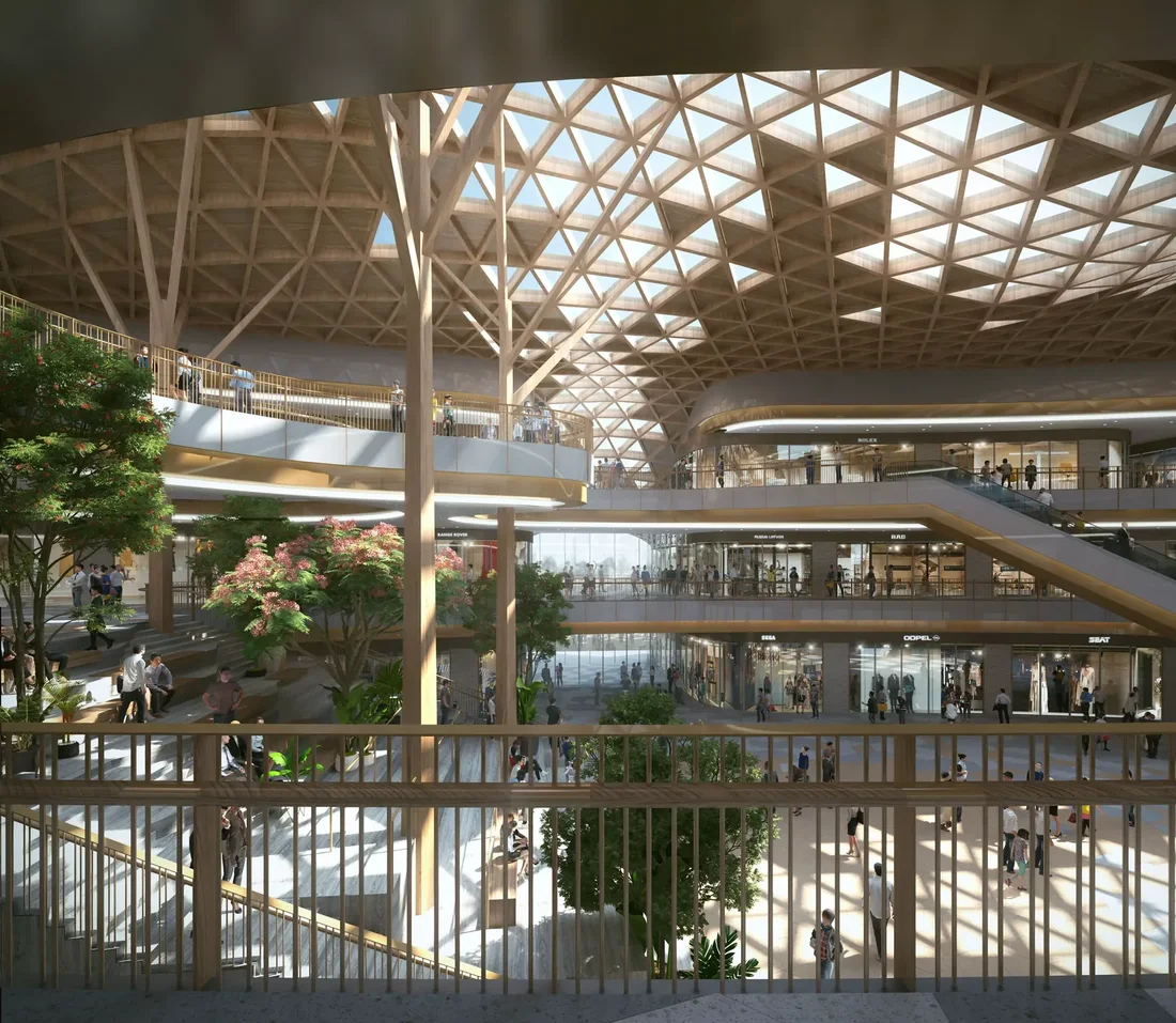 Atrium visualization with balconies and display spaces